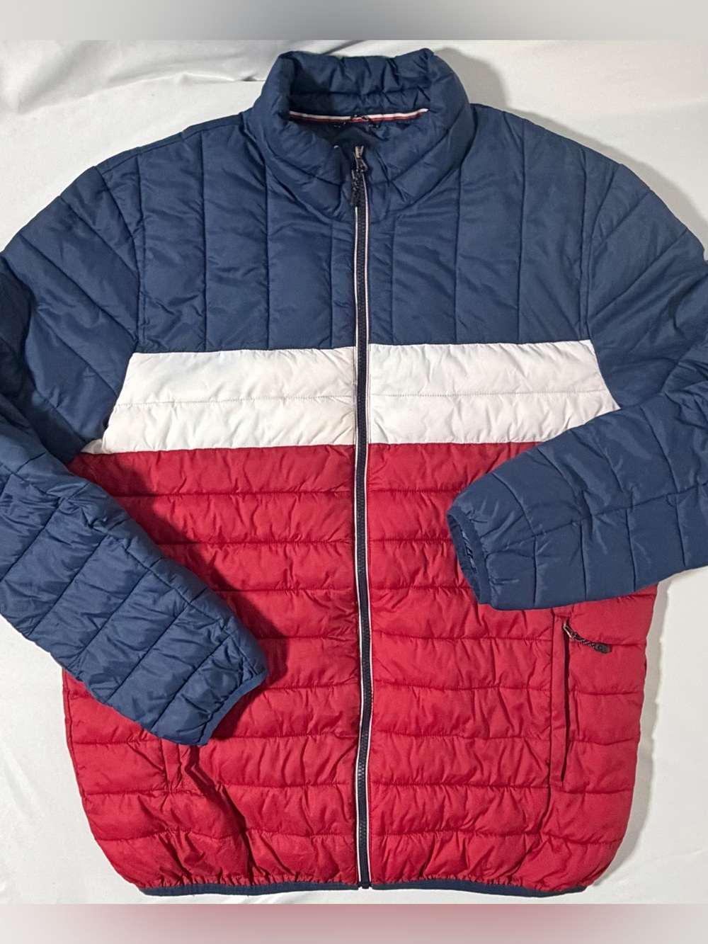 Swiss Tech Full Zip Puffer Jacket Men's Large Red White Navy Comfort Excellent